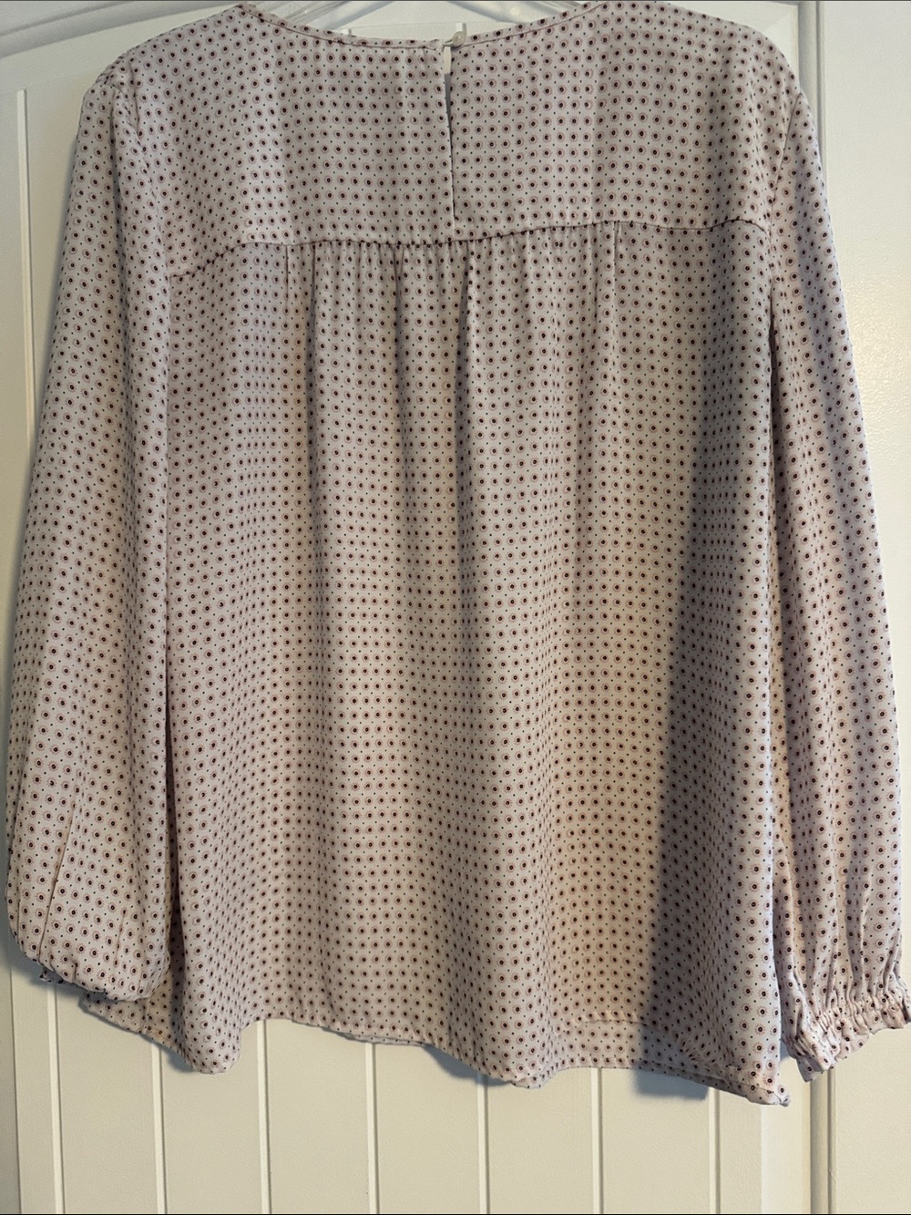 LOFT Light Gray Dotted and pink  Smocked-Yoke Long Sleeve Blouse - Picture 5 of 6